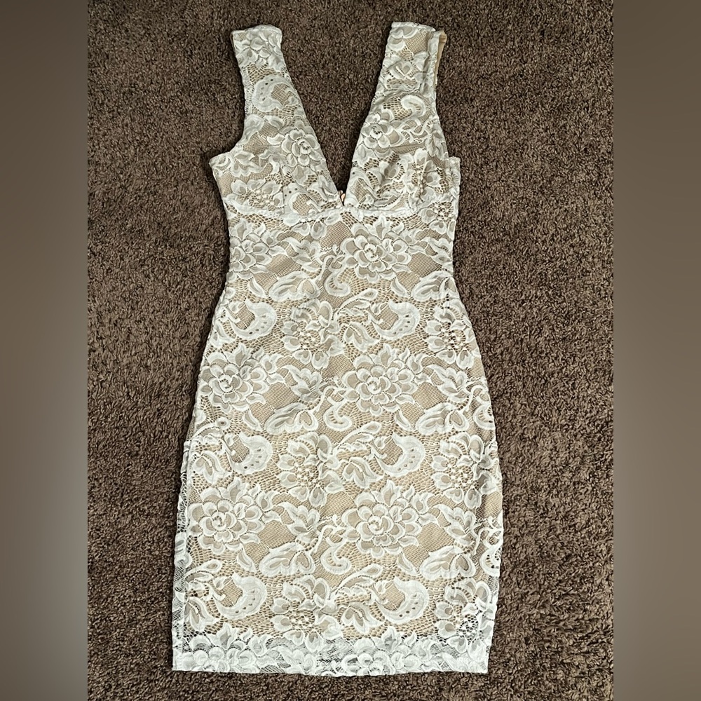 Lulus Medium White Lace Mini Dress with Beige Liner